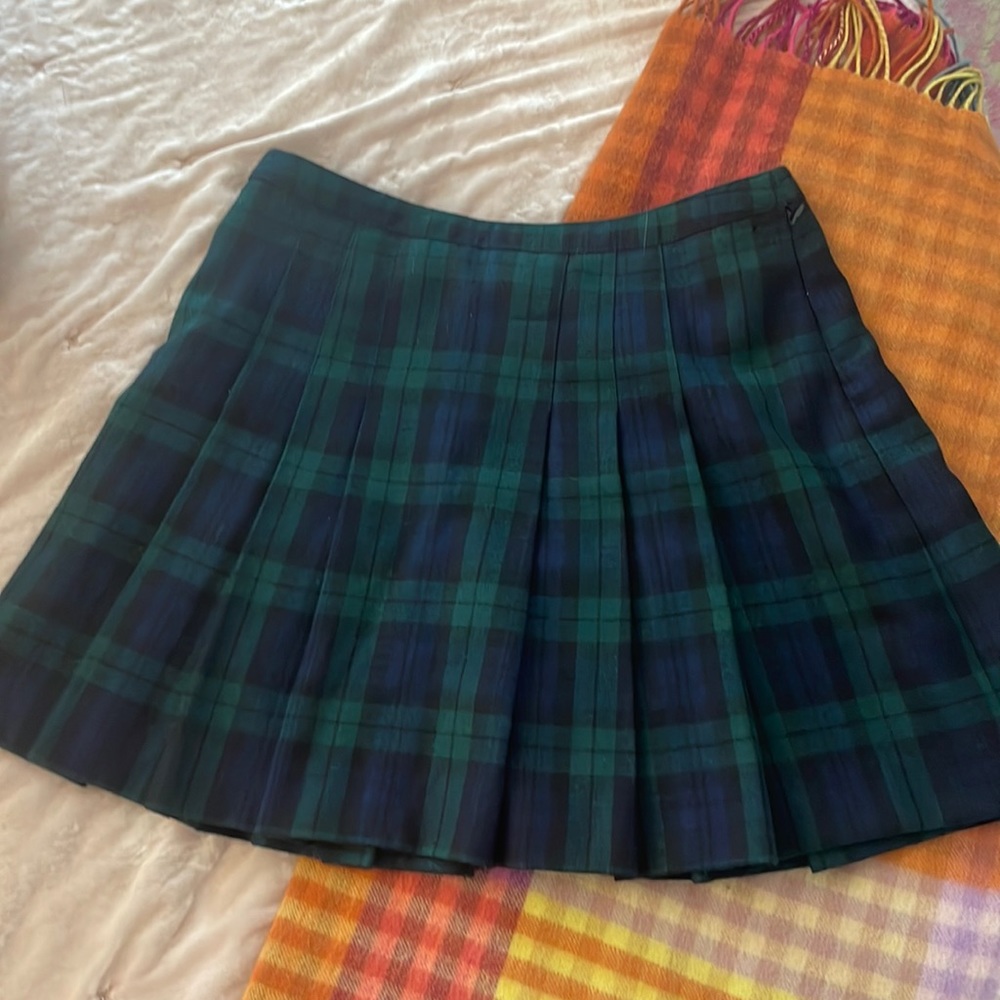 J Crew tartan pleated kilt mini skirt with navy and green plaid